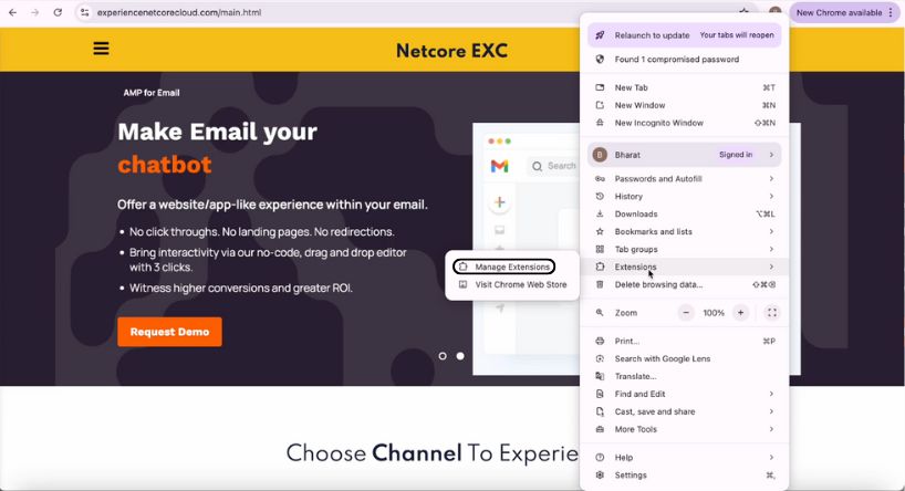 Extensions management page